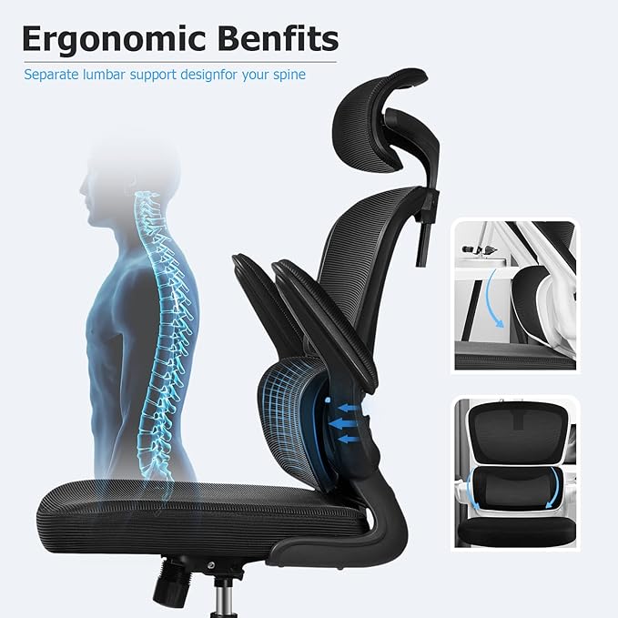 Ergonomic Office Chair, High Back Mesh Desk Chair with Lumbar Support and Adjustable Headrest, Computer Task Chair with Flip-up Armrests, Swivel Executive Chairs for Home Office (Black) - LeafyLoom
