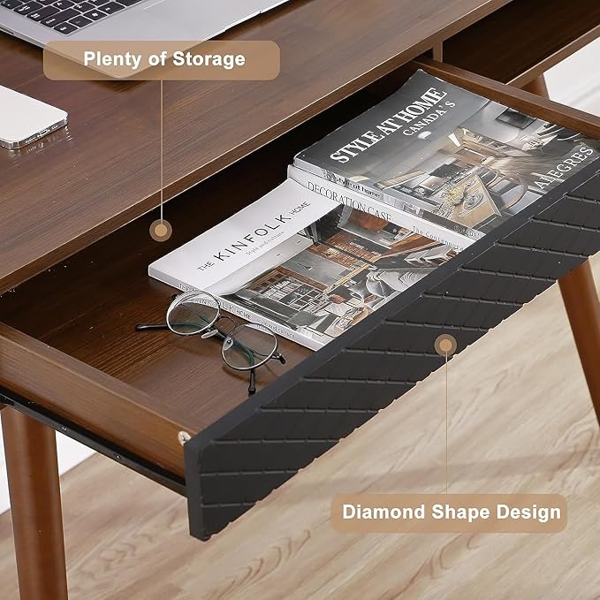 GAOMON Modern Home Office Writing Desk, 42 Inch Computer Table Desk with Drawers, Simple Mid Century Modern Desk, Walnut - LeafyLoom