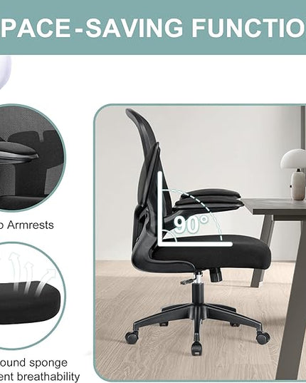 Office Chair, Ergonomic Desk Chair with Lumbar Support and Flip-up Armrest, Height Adjustable Mesh Swivel Computer Office Chair Black - LeafyLoom