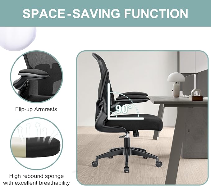 Office Chair, Ergonomic Desk Chair with Lumbar Support and Flip-up Armrest, Height Adjustable Mesh Swivel Computer Office Chair Black - LeafyLoom