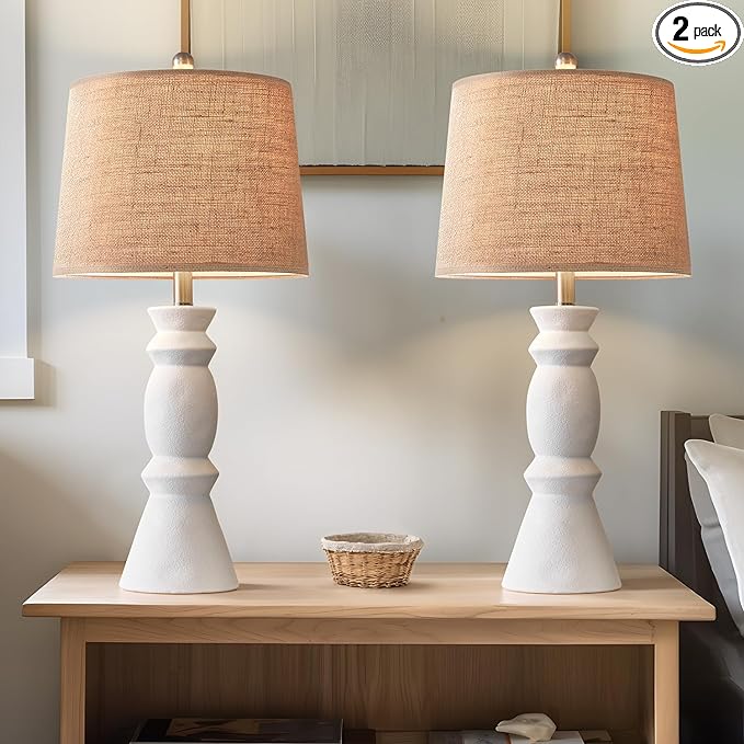 Oneach 25.75'' Farmhouse Ceramic Table Lamp for Living Room White Bedside Lamps Office White Table Lamp Set of 2 for Bedroom Retro Nightstand Lamp End Table Lamps - LeafyLoom