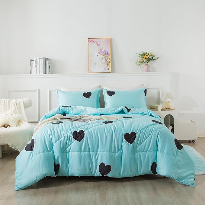 Love Pattern Girls Comforter Set King Size, Sky Blue Cute Love Heart Print Comforter Bedding Set for All Seasons, Geometric Soft Microfiber 3 Pieces Comforter Set with Pillowcases - LeafyLoom
