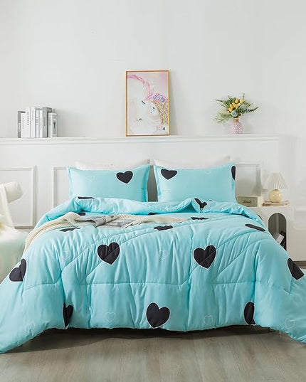 Love Pattern Girls Comforter Set Queen Size, Sky Blue Cute Love Heart Print Comforter Bedding Set for All Seasons, Geometric Soft Microfiber 3 Pieces Comforter Set with Pillowcases - LeafyLoom