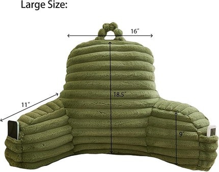 WERDIM Reading Pillow for Sitting in Bed, Faux Fur Back Pillow for Bed Rest, Bed Chair Pillow with Arms and Pockets(Large, Sage) - LeafyLoom