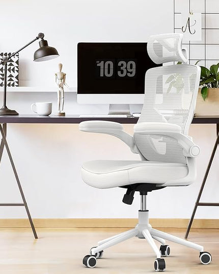 𝑯𝑶𝑴𝑬 𝑶𝑭𝑭𝑰𝑪𝑬 𝑪𝑯𝑨𝑰𝑹, Ergonomic Mesh Desk Chair, High Back Computer Chair- Adjustable Headrest with Flip-Up Arms, Lumbar Support, Swivel Executive Task Chair (Modern, White) - LeafyLoom