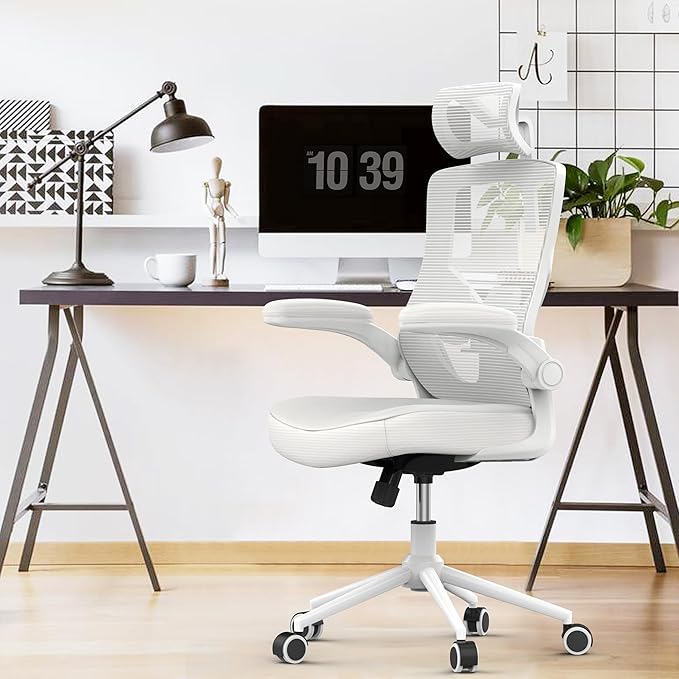 𝑯𝑶𝑴𝑬 𝑶𝑭𝑭𝑰𝑪𝑬 𝑪𝑯𝑨𝑰𝑹, Ergonomic Mesh Desk Chair, High Back Computer Chair- Adjustable Headrest with Flip-Up Arms, Lumbar Support, Swivel Executive Task Chair (Modern, White) - LeafyLoom
