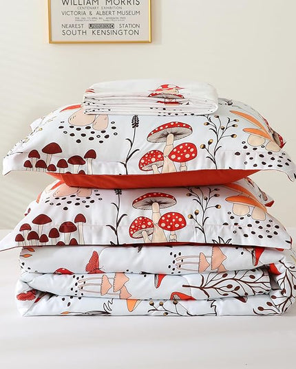 Mushroom Comforter Set Twin Size for Boys Girls Kids Teens 7 Piece Butterfly Flower Bedding Set Bed in a Bag (1 Comforter, 1 Flat Sheet, 1 Fitted Sheet, 2 Pillow Shams, 2 Pillowcases) - LeafyLoom