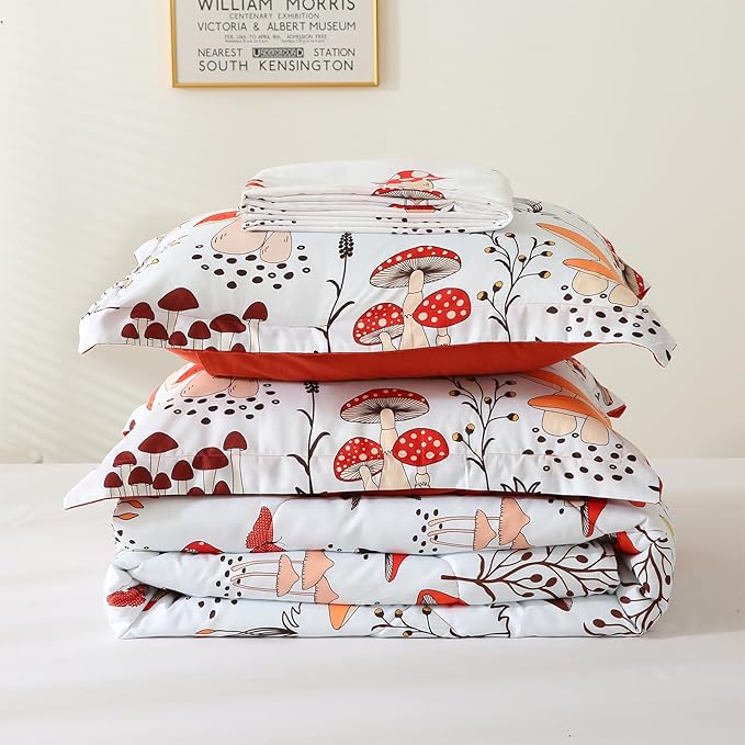 Mushroom Comforter Set Twin Size for Boys Girls Kids Teens 7 Piece Butterfly Flower Bedding Set Bed in a Bag (1 Comforter, 1 Flat Sheet, 1 Fitted Sheet, 2 Pillow Shams, 2 Pillowcases) - LeafyLoom
