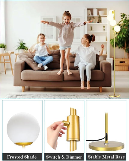64IN Dimmable Gold Floor Lamp, Tall Standing Lamps with 4 Globe Soft Warm White Eye Care 3000K G9 Bulbs, Mid Century Modern Floor Lamp for Bedroom Office - LeafyLoom