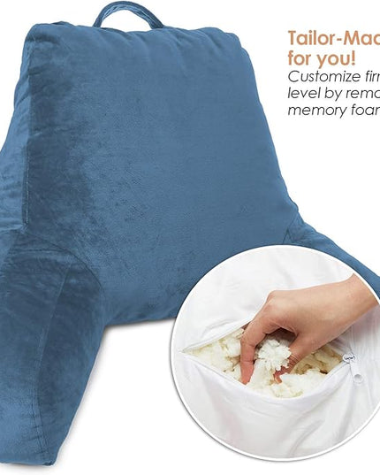 Clara Clark Reading Pillow for Kids, Small Back Pillow for Sitting Up in Bed, Memory Foam Back Support Pillow, Reading Pillows for Sitting in Bed, Blue Heaven Gaming Pillow with Arms and Pockets - LeafyLoom