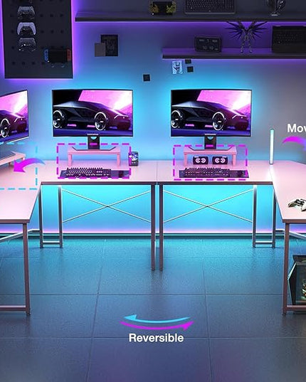 Casaottima L Shaped Gaming Desk with Monitor Stand, Corner Desk Gaming Table for Home Office, Computer Desk Sturdy Writing Workstation for Small Space, 51 inch, Carbon Fiber Surface, Pink - LeafyLoom