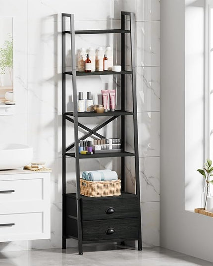 Furologee 5-Tier Ladder Shelf with 2 Drawers,Narrow Bookshelf Storage Shelves,Industrial Bookcase Freestanding Shelf Units for Bedroom,Living Room,Bathroom,Home Office,Balcony,Wood Metal, Black Oak - LeafyLoom