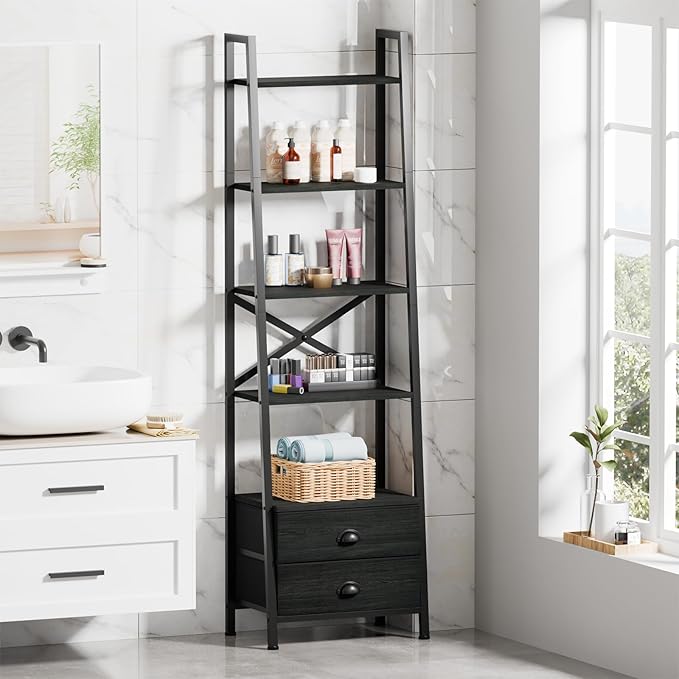 Furologee 5-Tier Ladder Shelf with 2 Drawers,Narrow Bookshelf Storage Shelves,Industrial Bookcase Freestanding Shelf Units for Bedroom,Living Room,Bathroom,Home Office,Balcony,Wood Metal, Black Oak - LeafyLoom