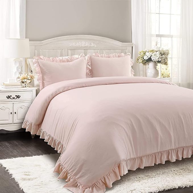 Lush Decor Reyna Ruffle Comforter Set - 3 Piece Cozy Ruffled Bedding Set - Timeless Elegance and Comfort for Bedroom - King, Blush - LeafyLoom
