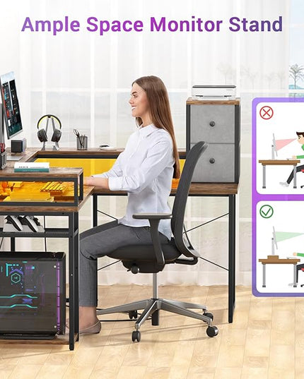 armocity L Shaped Desk with Drawers, Reversible Corner Computer Desk with LED Light & Power Outlet, 55.2'' L-Shaped Gaming Desk with Long Monitor Shelf, Home Office Desk for Small Corner Space, Rustic - LeafyLoom