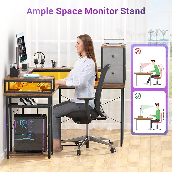 armocity L Shaped Desk with Drawers, Reversible Corner Computer Desk with LED Light & Power Outlet, 55.2'' L-Shaped Gaming Desk with Long Monitor Shelf, Home Office Desk for Small Corner Space, Rustic - LeafyLoom