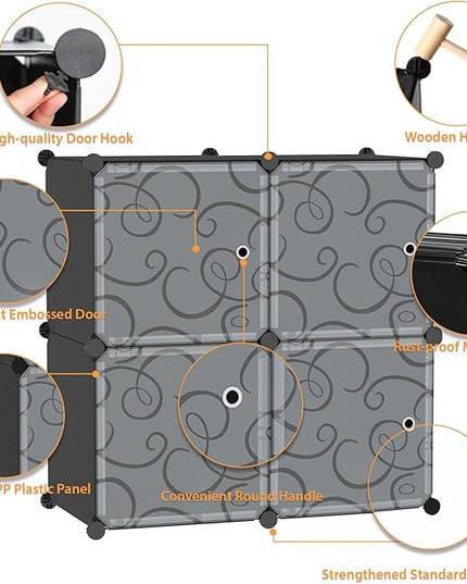 C&AHOME Cube Storage Organizer with Doors, 4-Cube Shelves, Closet Cabinet, DIY Plastic Modular Bookshelf Ideal for Bedroom, Living Room, 24.8" L x 12.4" W x 24.8" H Black SHS04B-DOOR - LeafyLoom