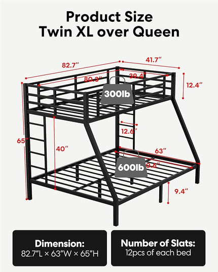 Metal Twin XL Over Queen Bunk Bed, Heavy Duty Twin XL Bunk Bed with 2 Safety Side Ladder and Full Length High Guardrail for Teens and Adults, Noise-Reduced - LeafyLoom