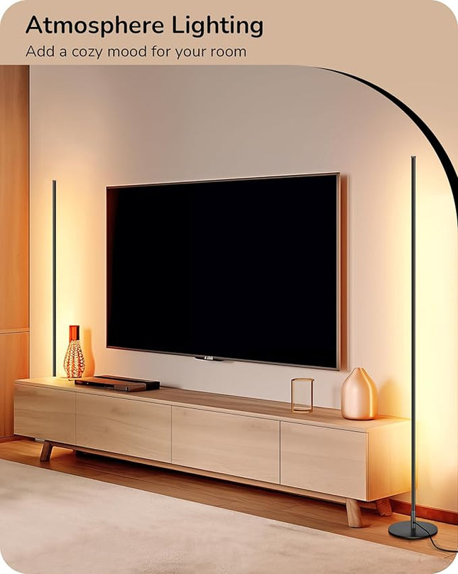 EDISHINE LED Corner Floor Lamp with Remote, 57.5" Minimalist Dimmable Mood Lighting, Standing Tall Pole Lamp for Living Room, Bedroom, Home Office, 3000K Warm White Light (Black) - LeafyLoom