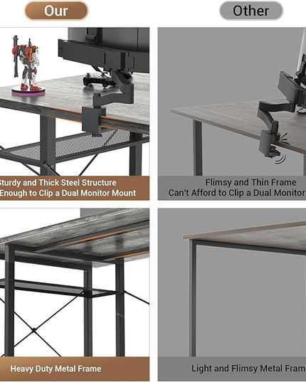 armocity Computer Desk with LED Lights, 55 Inch Desk with Power Outlet and USB, Reversible Large Desk with Moveable Monitor Stand, 55.2'' Gaming PC Table for Home Office, Workstation, Grey - LeafyLoom
