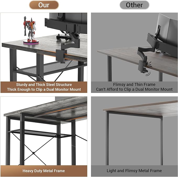 armocity Computer Desk with LED Lights, 55 Inch Desk with Power Outlet and USB, Reversible Large Desk with Moveable Monitor Stand, 55.2'' Gaming PC Table for Home Office, Workstation, Grey - LeafyLoom