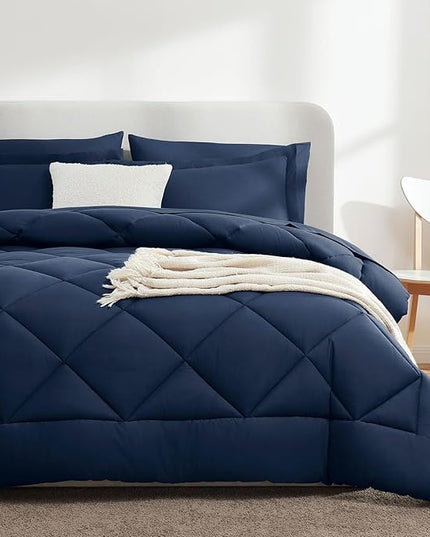 CozyLux Twin Bed in a Bag Comforter Set with Sheets 5 Pieces for Girls and Boys Navy Blue All Season Bedding Sets with Comforter, Pillow Sham, Flat Sheet, Fitted Sheet and Pillowcase - LeafyLoom