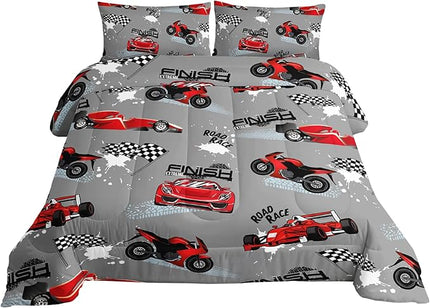 Axolotl Kid Comforter Set Queen Size,Racing Car Bedding Set for Boys Girls Teen Car Racing Gifts,Race Cars Quilt Bed Set with 1 Comforter 2 Pillowcases,Red Grey - LeafyLoom