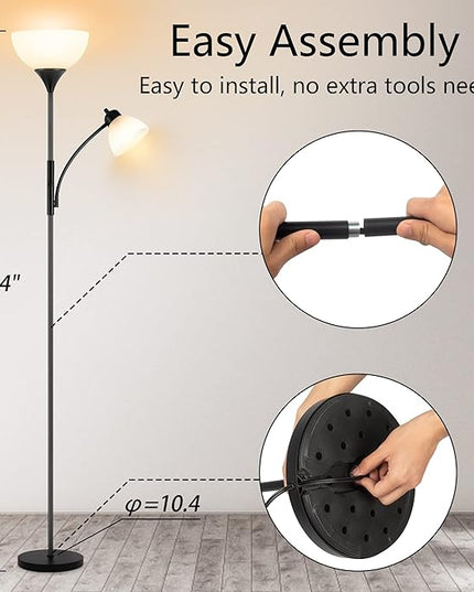 Floor Lamp, Dimmable Standing lamp, 3 Levels Dimmable Brightness, Included 9W and 5W LED Bulbs, Industrial Floor Lamp for Living Room, Bedroom, Office, Reading - LeafyLoom