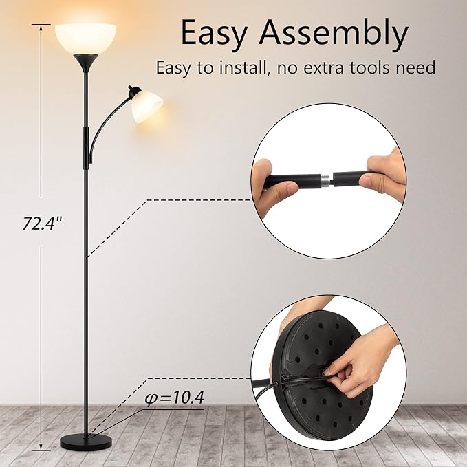 Floor Lamp, Dimmable Standing lamp, 3 Levels Dimmable Brightness, Included 9W and 5W LED Bulbs, Industrial Floor Lamp for Living Room, Bedroom, Office, Reading - LeafyLoom