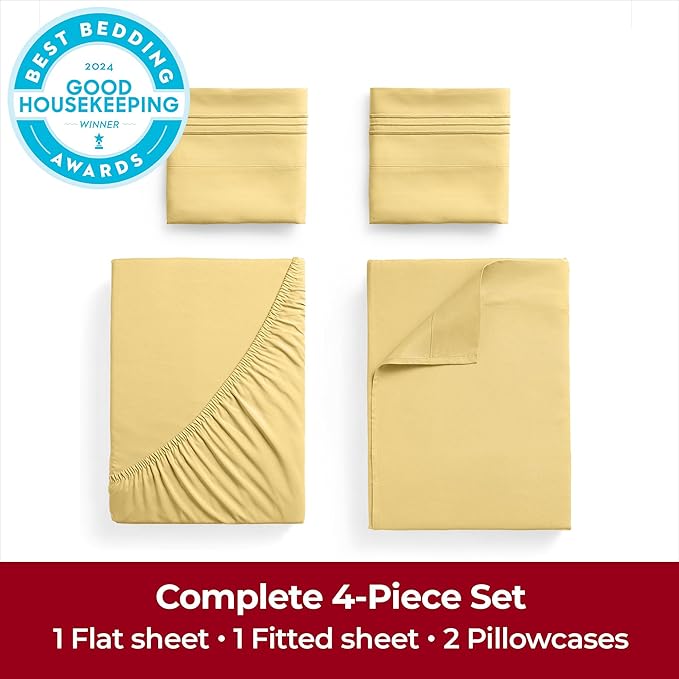 Mellanni King Sheets Set - 4 PC Iconic Collection Bedding Sheets & Pillowcases - Hotel Luxury, Extra Soft, Cooling Bed Sheets - Deep Pocket up to 16 inch (King, Yellow) - LeafyLoom