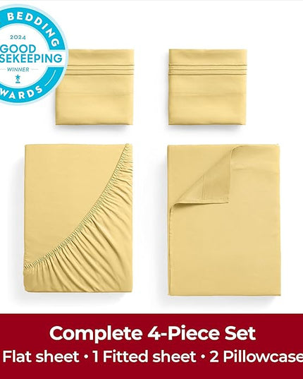 Mellanni Queen Sheets Set - 4 PC Iconic Collection Bedding Sheets & Pillowcases - Hotel Luxury, Extra Soft, Cooling Bed Sheets - Deep Pocket up to 16 inch (Queen, Yellow) - LeafyLoom