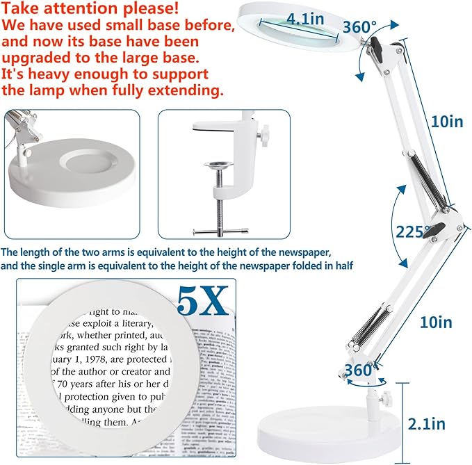 HITTI 【Upgraded】 5X LED Magnifying Lamp, 1,800 Lumens Stepless Dimmable, 3 Color Modes, 8-Diopter 4.2″ Real Glass Lens Magnifier Desk lamp, Magnifying Light and Stand for Crafts, Reading, Close Work - LeafyLoom