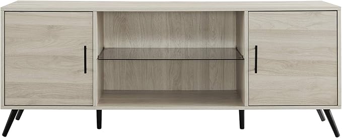 Walker Edison Saxon Mid Century Modern Glass Shelf TV Stand for TVs up to 65 Inches, 60 Inch, Birch - LeafyLoom