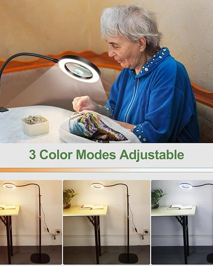 10X&5X Magnifying Glass with Light, 3-in-1 Magnifying Floor Lamp, Flexible Goose Neck, 3 Color Modes 10 Levels Dimmable LED Lighted Magnifier Lamp for Home Office Close Wrok Reading Hands Free - LeafyLoom