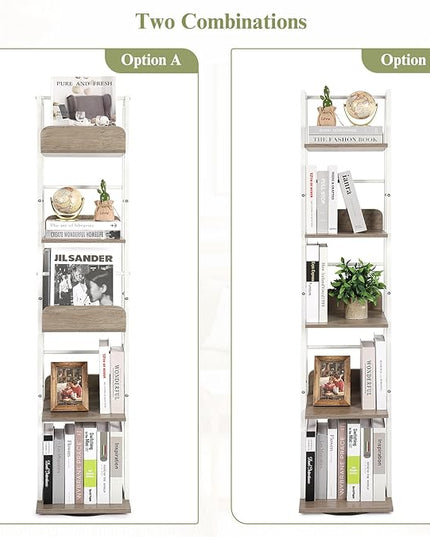 Bikoney Bookshelves 5-Tier, Rotating Bookshelf Tower for Corner, Small Bookcase, Tall Industrial Bookshelf, Narrow Bookshelf, Wood and Metal White - LeafyLoom