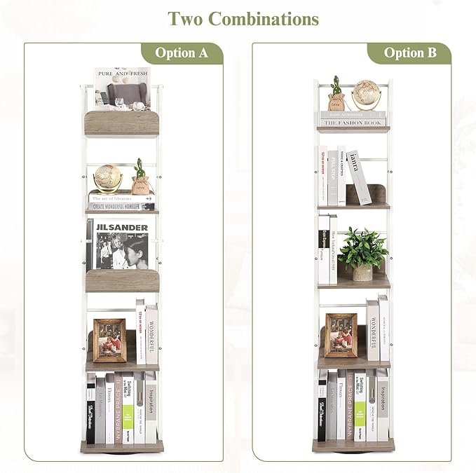 Bikoney Bookshelves 5-Tier, Rotating Bookshelf Tower for Corner, Small Bookcase, Tall Industrial Bookshelf, Narrow Bookshelf, Wood and Metal White - LeafyLoom