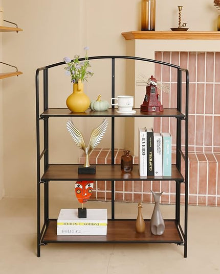 No Assembly Folding Bookshelf, 3 Tier Black Bookshelf, Metal Book Shelf for Storage, Folding Bookcase for Office Organization and Storage, 12.87" D x 30.9" W x 42.33" H - LeafyLoom