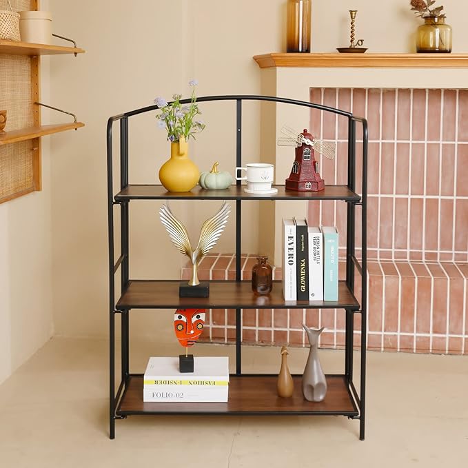 No Assembly Folding Bookshelf, 3 Tier Black Bookshelf, Metal Book Shelf for Storage, Folding Bookcase for Office Organization and Storage, 12.87" D x 30.9" W x 42.33" H - LeafyLoom