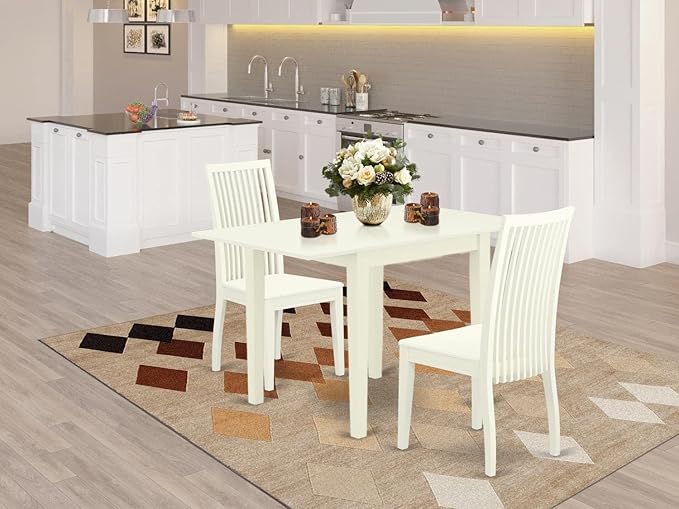 East West Furniture NDIP3-LWH-W Norden 3 Piece Set Contains a Rectangle Dining Table with Dropleaf and 2 Kitchen Chairs, 30x48 Inch, Linen White - LeafyLoom