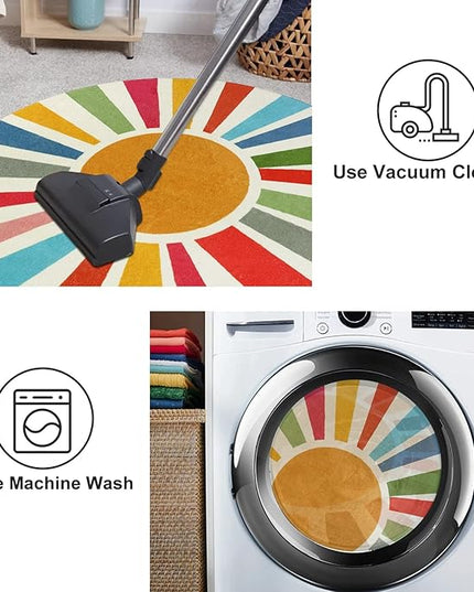 Round Boho Rug 6 Ft Washable Round Area Rug for Playroom, Sunshine Circle Rug for Kids Room, Non-Slip Circluar Rainbow Carpet Soft Large Kids Rug for Classroom Dorm Bedroom - LeafyLoom