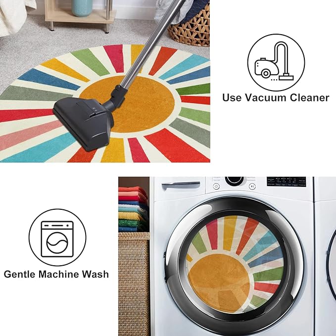 Round Boho Rug 6 Ft Washable Round Area Rug for Playroom, Sunshine Circle Rug for Kids Room, Non-Slip Circluar Rainbow Carpet Soft Large Kids Rug for Classroom Dorm Bedroom - LeafyLoom
