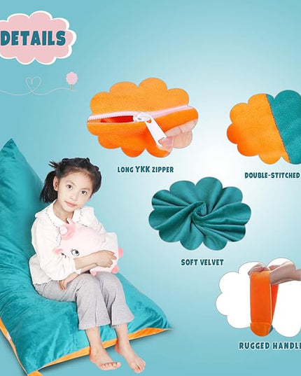 Stuffed Animal Storage Bean Bag Chair Cover, Velvet Turquoise Orange Plush Toy Storage Stuff and Sit Seat for Kids/Teens/Adults, 52" x 31" Extra Large Triangle Sofa, 200L/52Gal, Cover Only - LeafyLoom