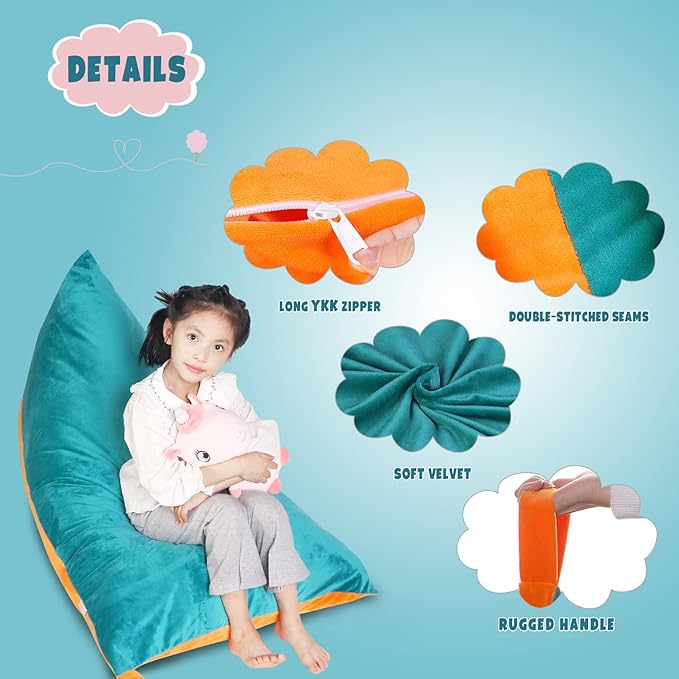 Stuffed Animal Storage Bean Bag Chair Cover, Velvet Turquoise Orange Plush Toy Storage Stuff and Sit Seat for Kids/Teens/Adults, 52" x 31" Extra Large Triangle Sofa, 200L/52Gal, Cover Only - LeafyLoom