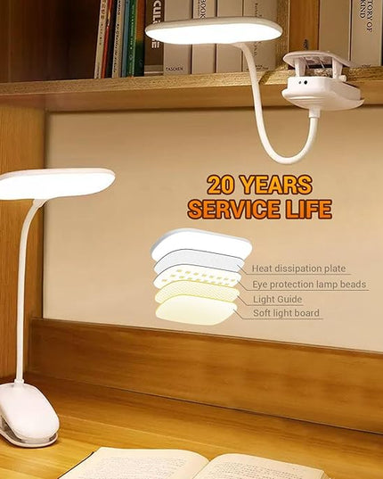 LED Desk Lamp with Clamp, Eye-Caring Clip on Lights for Home Office, 3000mAh Rechargeable Battery Operated Table Lamps,3 Lighting Modes & Brightness Dimmer Light for Kids Students - LeafyLoom