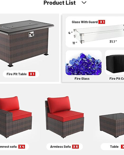Kullavik 13 Pieces Outdoor Patio Furniture Set with 43" 55000BTU Gas Propane Fire Pit Table PE Wicker Rattan Sectional Sofa Patio Conversation Sets,Red - LeafyLoom