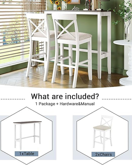Voohek 3-Piece Bar Table and Chairs Set, Wood Counter Height Dining Furniture for 2, Small Space, Kitchen, Breakfast Nook, Bistro,Apartment, Industrial Style, White - LeafyLoom