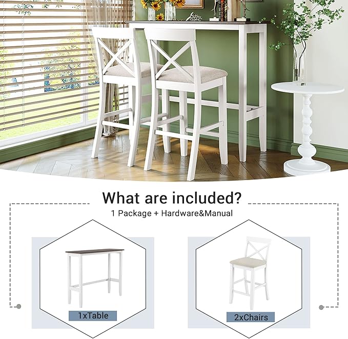 Voohek 3-Piece Bar Table and Chairs Set, Wood Counter Height Dining Furniture for 2, Small Space, Kitchen, Breakfast Nook, Bistro,Apartment, Industrial Style, White - LeafyLoom