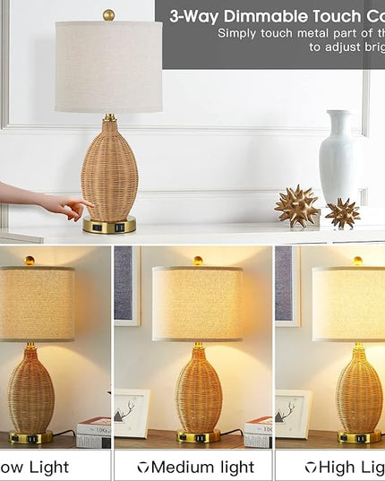 Touch Control Rattan Table Lamps, 3 Way Dimmable Bedside Lamps for Bedroom Set of 2 with 2 USB Ports and AC Outlet, Gold Wicker Nightstand Lamps for Living Room Office (LED Bulbs Included) - LeafyLoom