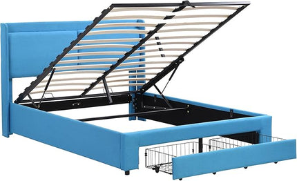 Queen Size Lift Up Storage Bed Platform Bed with 2 Drawers,Upholstered Platform Bed with Headboard and Wood Slats Support, Queen Size Bedframe with Hydraulic Storage System, Easy Assembly - LeafyLoom
