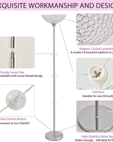 Spherical Crystal Floor Lamp, 1-Light Modern Chrome Finish Floor Lamp, Crystal Floor Lamp Fixture for Living Room, Bedroom, Dining Room, Office, E26 Base, LED Bulb Included - LeafyLoom